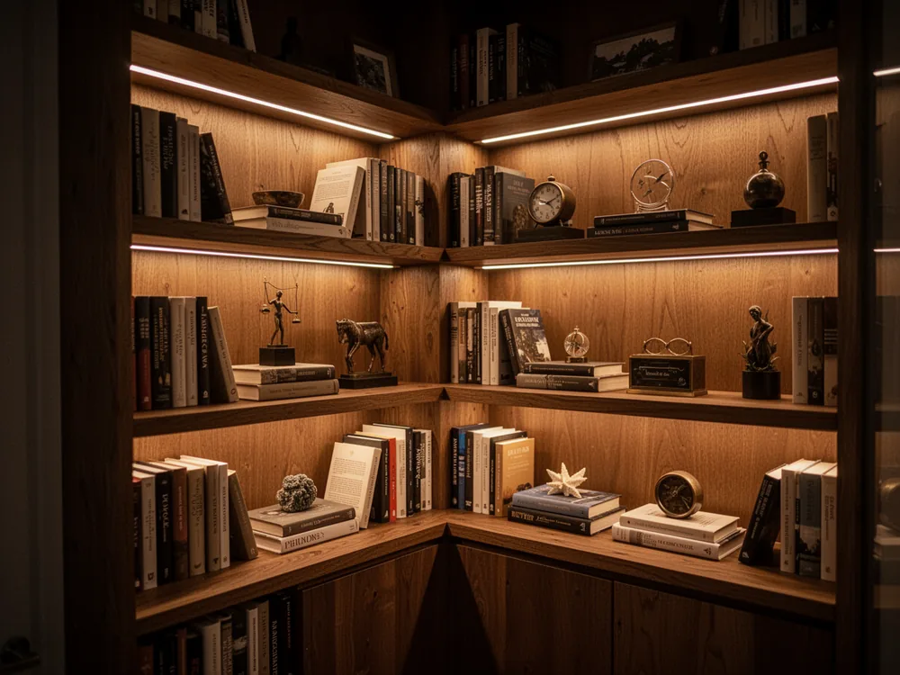 Warm-white COB LED strips lighting a wooden bookshelf