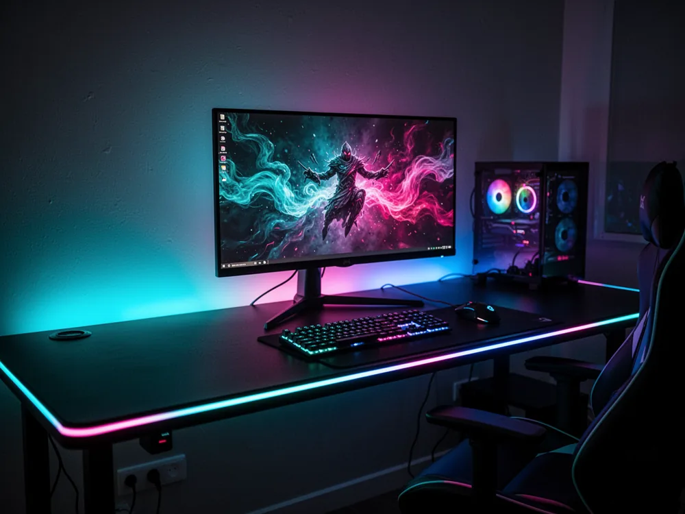 Vibrant RGB addressable lighting around a gaming desk