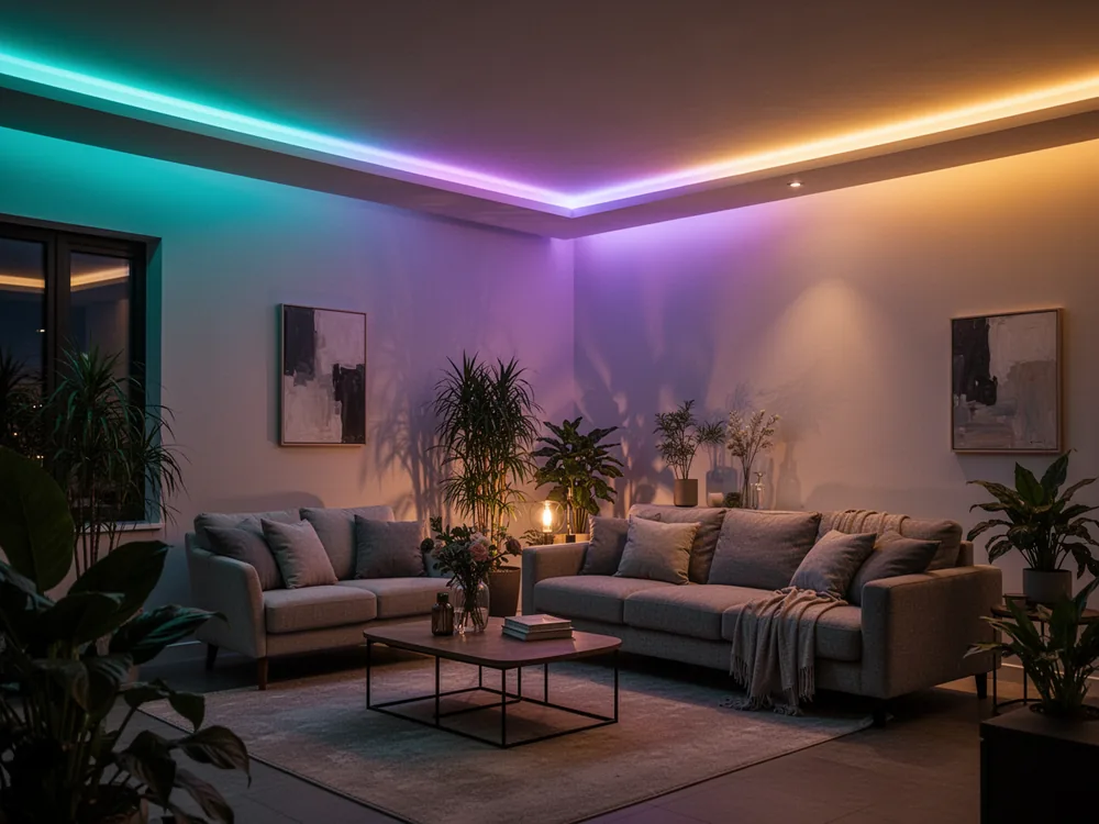 Ambient multi-color cove lighting in a living room