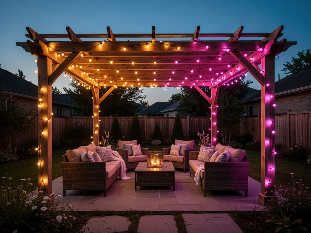 Addressable pixel string lights over a backyard patio pergola at dusk