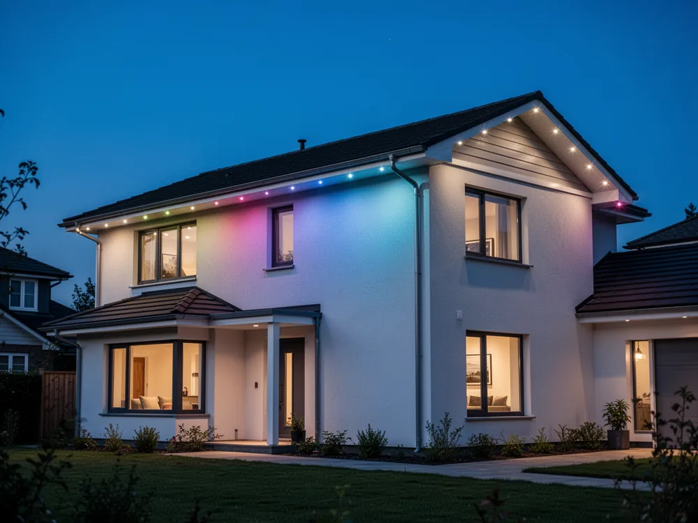 Addressable RGB bullet pixels tracing the roofline of a house at dusk